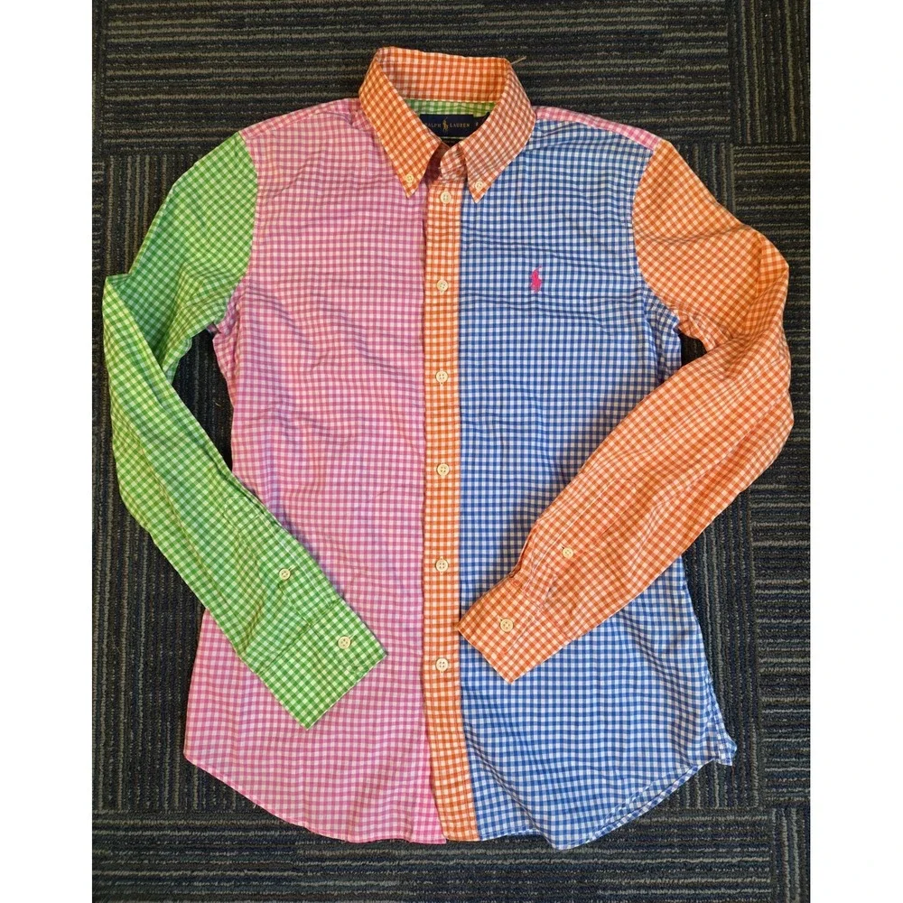 Ralph Lauren Boys Sz 8 Gingham Colorblock Button Down Shirt Multi Color Preppy
